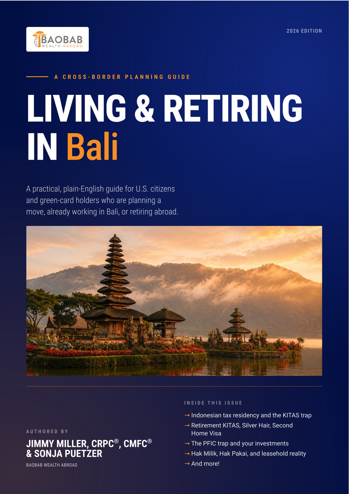 Cover of Living & Retiring in Bali, 2026 Edition, a cross-border planning guide from Baobab Wealth Abroad