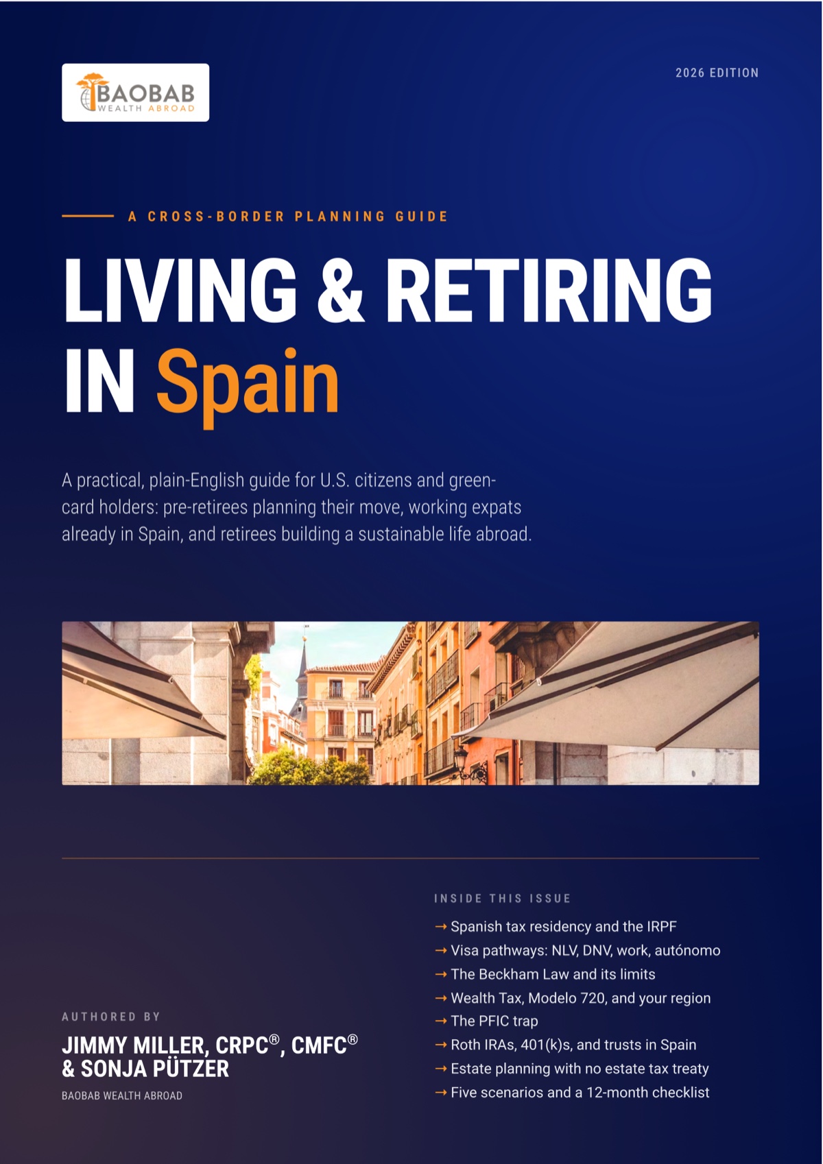Cover of Living & Retiring in Spain, 2026 Edition, a cross-border planning guide from Baobab Wealth Abroad